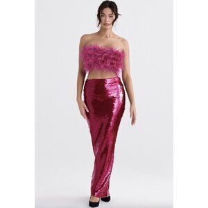 HOUSE OF CB Alexis Sequin Maxi Skirt in Hot Pink Size Large+